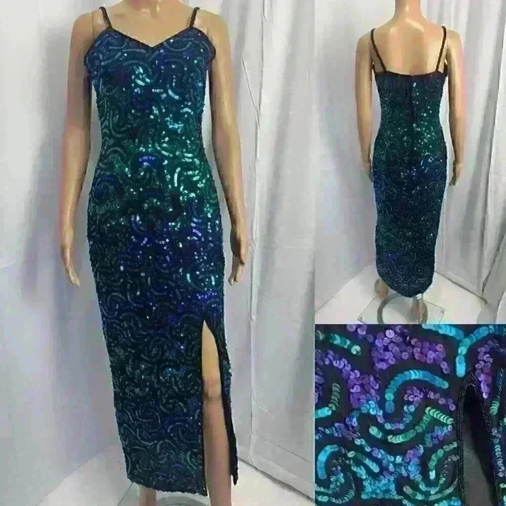 Scala Vintage 90's Sequin 100% Silk Long Black Purple Mermaid Size Small Elegant